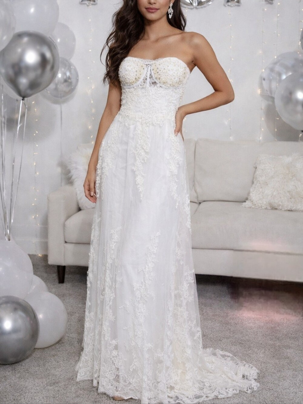 Jovani White Lace Tulle Rhinestone Bustier Top Prom Party Dress size 8